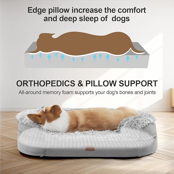 3.7 inch Thickened Orthopedic Dog Beds for Small Dogs, Supportive Dog Sofa Bed with 28D Egg-Crate Foam, Removable Washable Plush Cover, Waterproof Lining, Half-Round Design for Puppy,Senior Dog