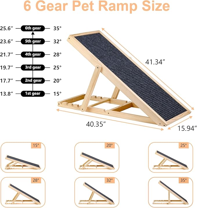 Adjustable Dog Cats Ramp, Upgraded Folding Portable Wood Pet Ramp for Small and Older Animals, 42" Long, Height from 14” to 26”, 200lbs Load Capacity, Lightweight Dog Car Ramps for SUV, Bed, Couch