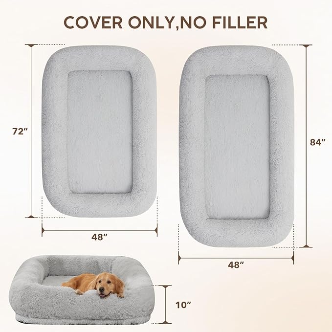 Human Dog Bed Cover (No Filler, Cover only), Human Size Dog Bed Cover Replacement, Suit for 72"x48"x10", 290 GSM Calming Fluffy Plush Cover Washable Removable Anti-Slip, Frost Grey