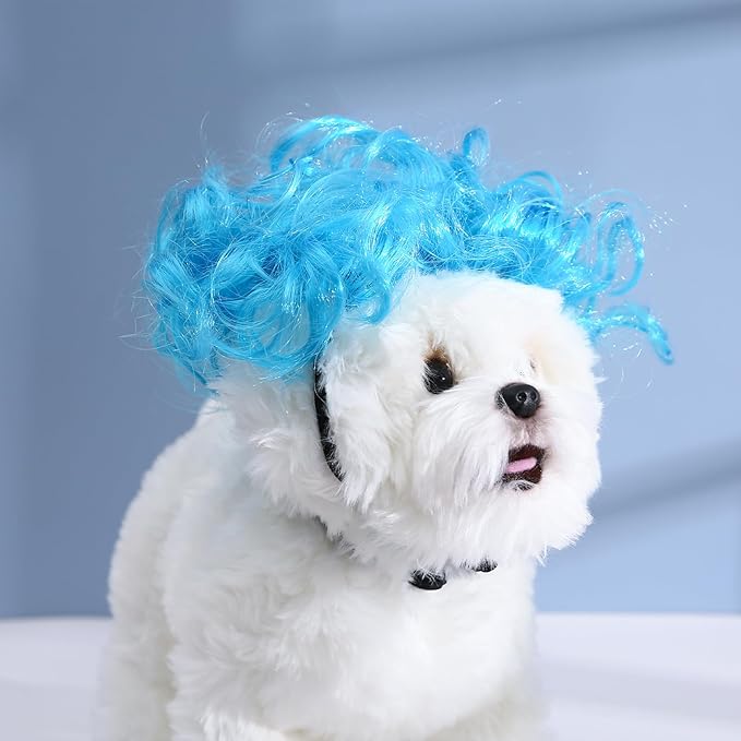 Funny Dog Cat Cosplay Wig, Headwear Apparel Toy, Pet Costumes, Cat Dress up for Halloween, Christmas, Parties, Festivals, Dog Wigs for Small Medium and Large Dogs (Explosive Blue)