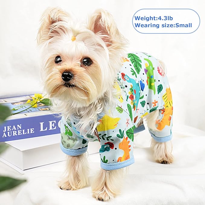 Dog Pajamas Pjs Spring Summer Dog Clothes for Small Dogs Girl - Boy - Medium Size Dogs, Soft Stretchy Puppy Clothes Doggie Onesies Cat Pet Jammies Outfit (Dinosaur Blue, X-Small)