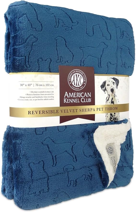 American Kennel Club Premium Velvet Sherpa Pet Blanket Soft and Warm Pet Throw for Dogs & Cats – 40”x30” - Navy