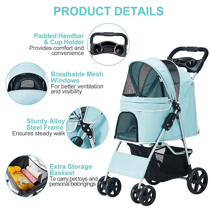 Pet Stroller for Medium Small Dogs and Cats 4 Wheels,