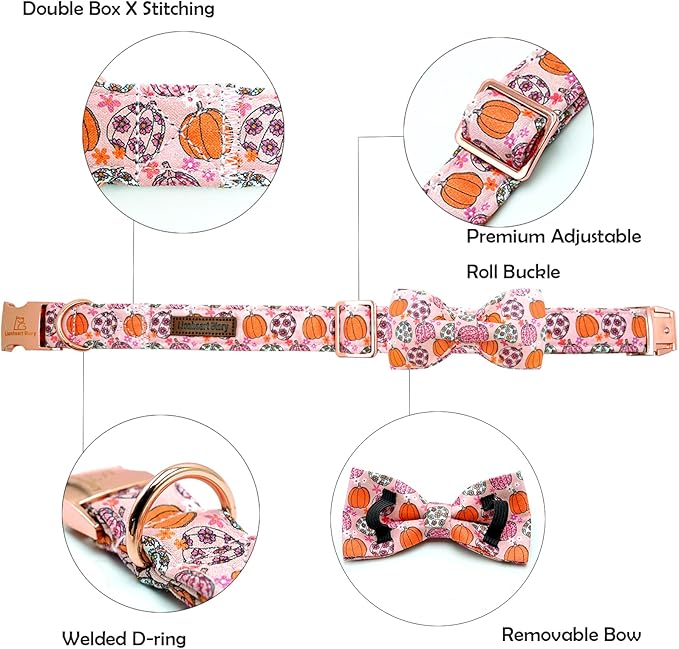 Lionheart glory Fall Dog Collar with Bowtie Halloween Pumpkin Dog Collars Bow Tie Heavy Soft Adjustable Collar for Small Dogs Thanksgiving Day Dog Bow Collar Pet Gift