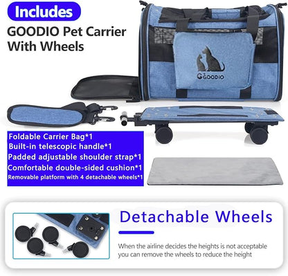 Cat and Dog Carrier with Detachable Wheels, Airline Approved Rolling Pet Carrier,Wheeled Pet Carrier with Telescopic Walking Handle,Foldable Pet Travel Bag