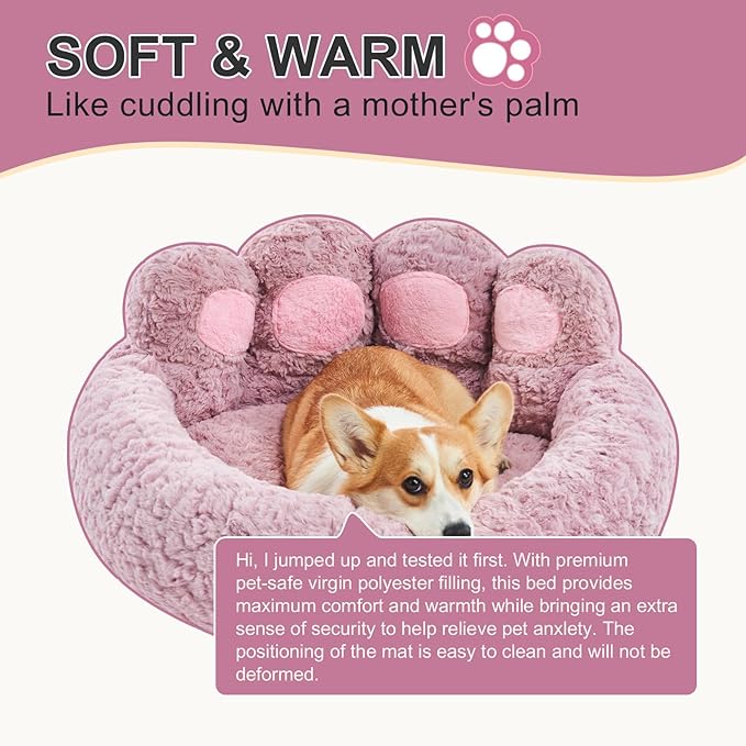 Jiupety Cute Pink Round Calming Dog Bed of Paw Shape