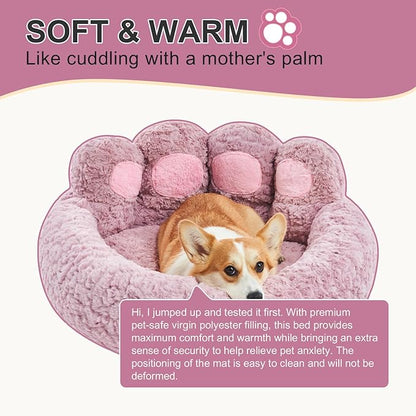 Jiupety Cute Pink Round Calming Dog Bed of Paw Shape