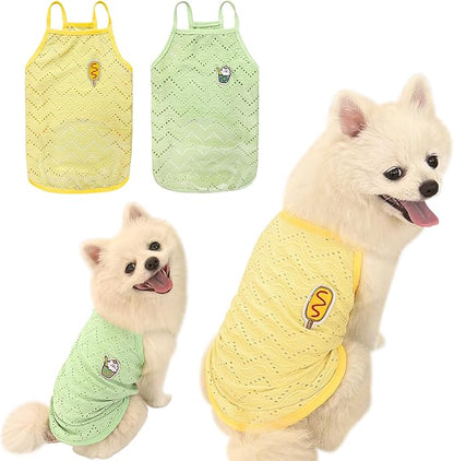 Yanmucy 2 Pieces Dog Summer Clothes Cute Embroidery Dog Striped Tank Top Vest Breathable Puppy Sleeveless Shirt for Small Dogs Cats (Yellow+Green, Small)