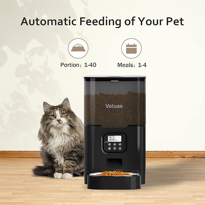 VOLUAS Cat Dry Food Dispenser with Timer, Automatic Cat Feeders with Desiccant Bag, Programmable Portion Size Control 4 Meals Per Day, 10s Voice Recorder