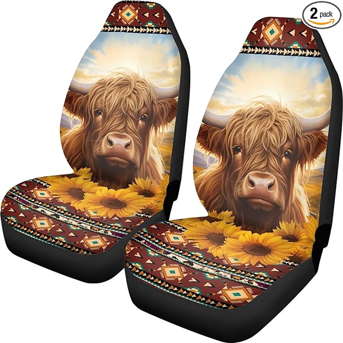 Highland Cow Sunflower Car Seat Covers for Front Seats SUV Truck Van Sedans Aztec Bucket Seat Covers for Women Men