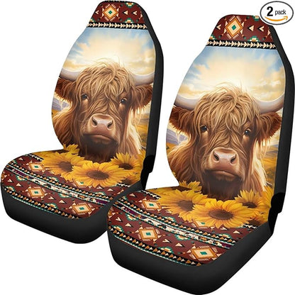 Highland Cow Sunflower Car Seat Covers for Front Seats SUV Truck Van Sedans Aztec Bucket Seat Covers for Women Men