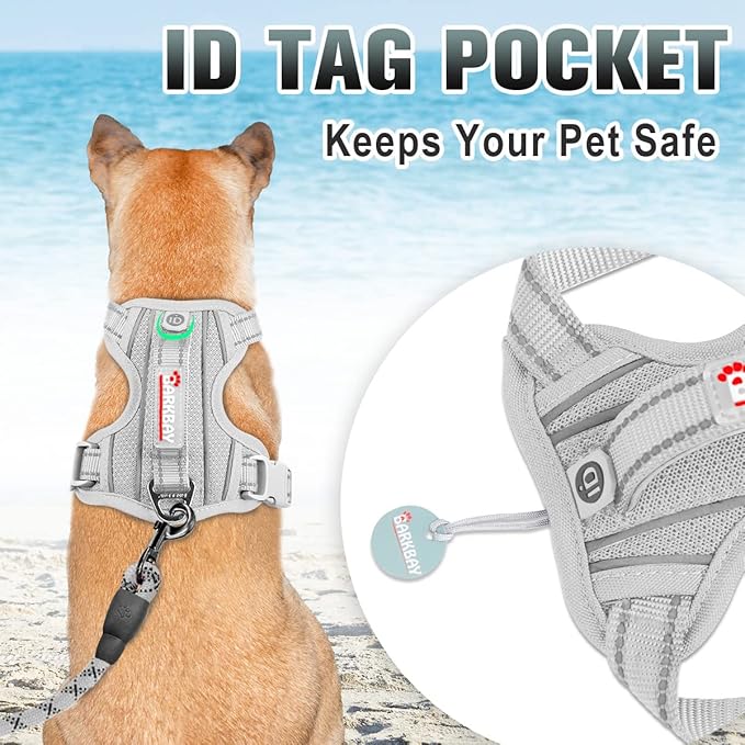 BARKBAY No Pull Dog Harness Large Step in Reflective Dog Harness with Front Clip and Easy Control Handle for Walking Training Running with ID tag Pocket(Grey