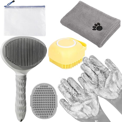 6-in-1 Grey Pet Grooming Kit: Hair Brush, Towel, Washing Gloves, Slicker Brush, and Shampoo Scrubber for Dogs and Cats