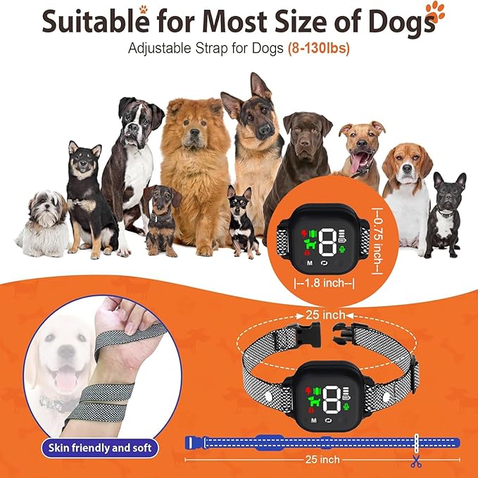 Dog Bark Collar with 3 Modes Sound/Vibration/Shock IP67 Waterproof 8 Adjustable