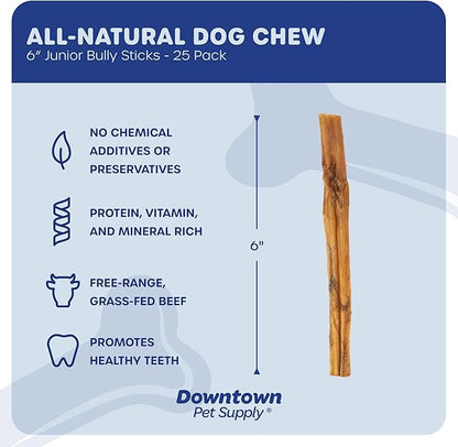 Downtown Pet Supply Bully Sticks for Dogs, Junior Size (6", 25-pack) Rawhide Free Dog Chews Long Lasting Non-Splintering Pizzle Sticks - Low Odor Bully Sticks for Small Dogs