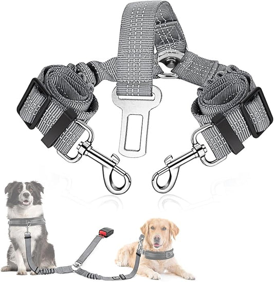 SlowTon Dog Seat Belt, Double Dog Seatbelt Adjustable Vehicle Safety Leash with Elastic Bungee Buffer, Reflective No Tangle Y Shape Two Dog Harness Seat Belt Splitter for Pets Car Trip (Grey, M)