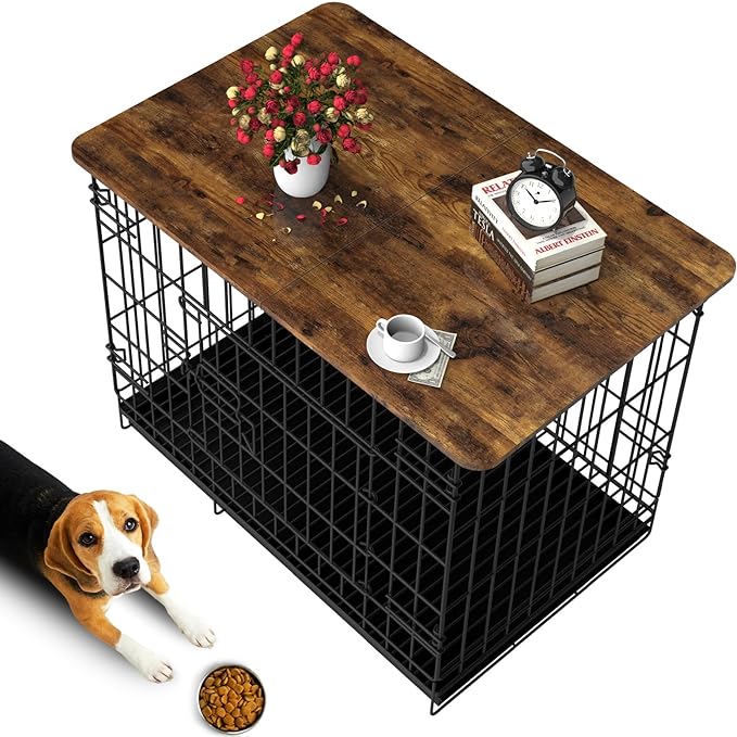 Dog Crate Topper Wood 36 Inch Dog Crate Topper Crate Table Topper Collapsible Dog Kennel Topper for Decorative Dog Crate, Suitable for 36 Inch Wire Dog Crate (Furniture Style, Brown)