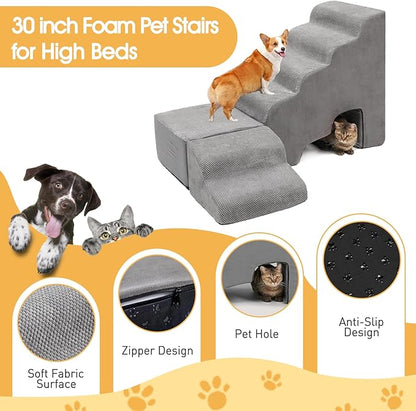 30” Dog Stairs for High Beds, AFATI Pet Stairs, Adjusts to Either Side of Bed, L Shaped Foam Pet Stairs for High Beds, 30 in Height 6 Tier Dog sSteps for Bed, Multifunctional Dog Ramp for Small Dog