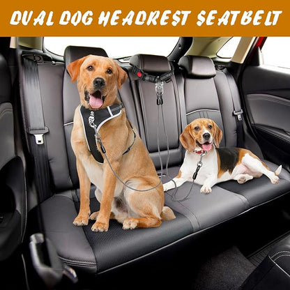 Double Dog Seat Belt, Steel Cable Chew Proof Dog Car Accessories Headrest Restraint Dog Car Seatbelt for Medium Large Dogs Chewer Heavy Duty 2 Dogs Dog Seatbelts Connect Harness in Vehicle