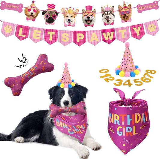 Dog Birthday Party Supplies Puppy Party Decorations with Dog Bandana, Birthday Hat, Party Banner and Bone Toy Dog Birthday Gifts for Small Medium Large Dog Pet (Girl)