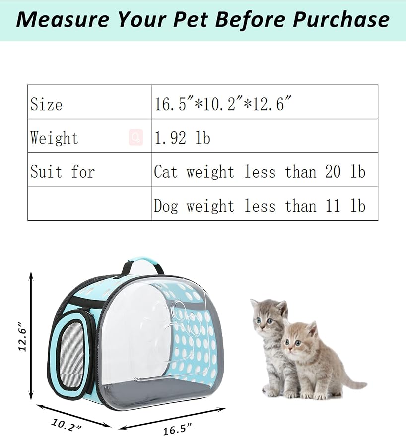 Cat Carrier Collapsible Breathable Package,Space Capsule Transparent Portable Bags Foldable Handbag for Pets Dogs Kitten Puppies,Designed for Travel, Hiking, Walking & Outdoor Use (Blue)