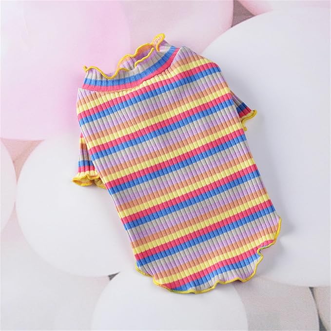 Small Medium Dog Clothes Rainbow Striped Dog Shirts Stretchable Long Sleeve Cat T-Shirt Pet Outfits for Chihuahua Yorkie Teddy (Yellow Edge, X-Large)