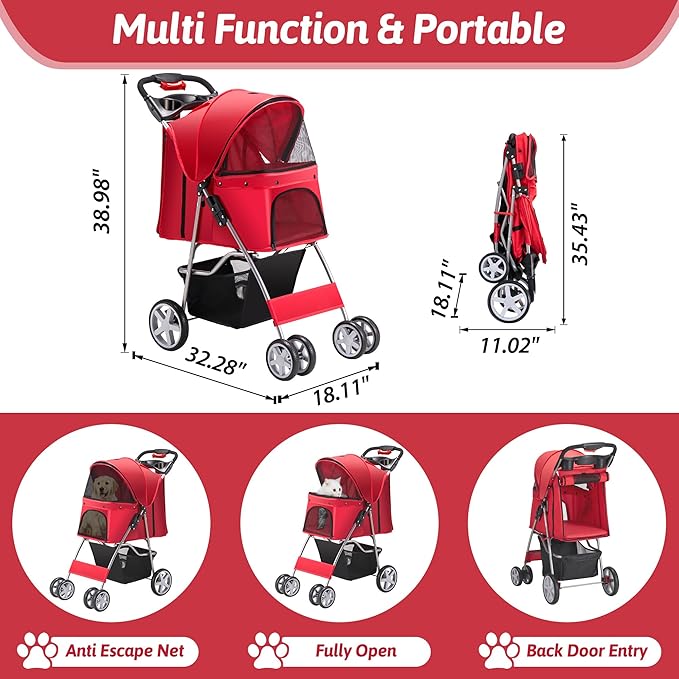 Pet Stroller 4 Wheels Dog Cat Stroller for Medium Small Dogs Cats, Folding Cat Jogger Stroller with Storage Basket & Breathable Mesh, Easy to Walk Travel Carrier, Red