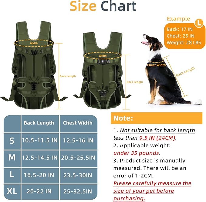 Dog Front Carrier Backpack, Dog Backpack Carrier Soft Pad, Pet Legs Out, Easy-Fit Dog Front Carrier for Small Medium Puppy, Hands Free Dog Carrier Adjustable for Cycling Hiking (Army Green, XL)