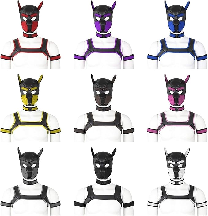 4 Sets Neoprene Puppy Hood Animal Head Mask Novelty Costume Dog (Hood Mask + Collar + Armband + Harness) (Large, Blue)