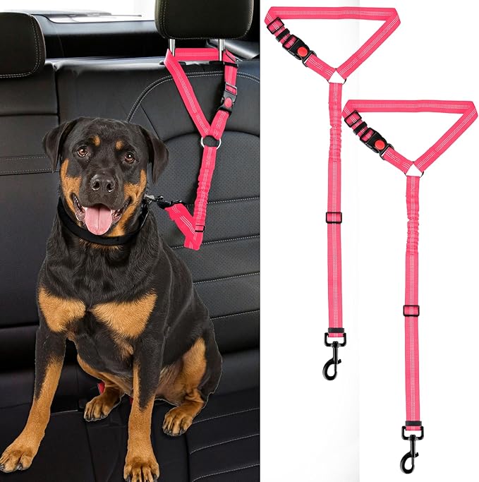 2 Packs Dog Cat Safety Seat Belt Strap Car Headrest Restraint Adjustable Nylon Fabric Dog Restraints Vehicle Seatbelts Harness (Pink Elastic Bungee)