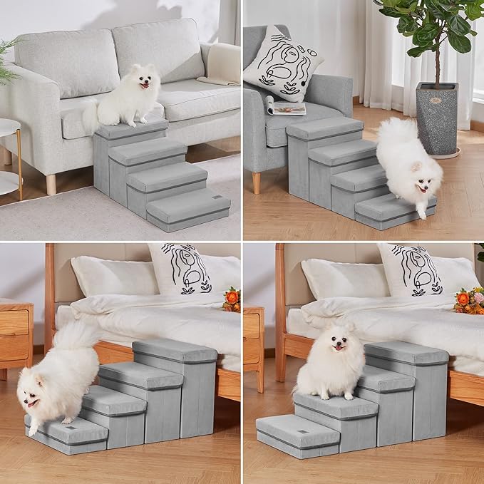 4 Steps Dog Stairs for High Bed & Couch,Dog Steps for Large Medium & Small Dogs with 4 Storage Boxes,Folding Pet Stairs for Car Up to 90 Pound