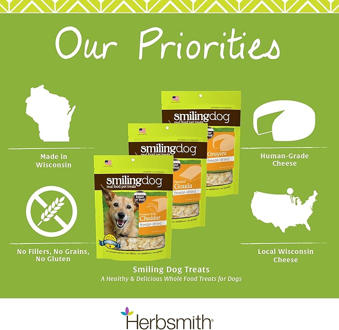 Herbsmith Smiling Dog Treats – Freeze Dried Smoked Gouda – 100% Real Wisconsin Cheese – Single Ingredient – Human Grade – Made in USA – 9.6 oz