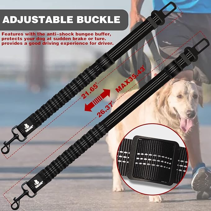 Dog Seat Belt,Retractable Dog Seatbelts Harness for Car,Adjustable Seatbelt Pet Safety Seat Belts with Elastic Bungee Buffer and Restraint Reflective (2 Piece/Black)