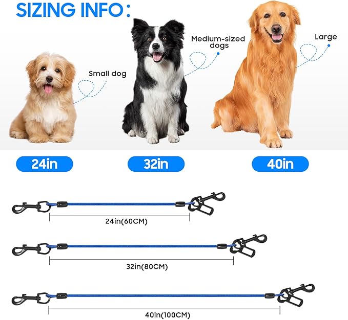 Dog Car Harnesses, Dog Seatbelt of Coated Wire Leash Safety Restraint, No Chew Tether Cable Vehicle Dog Accessories, Double Clips & Latch Attachment (Blue, 24 inch/60 cm)