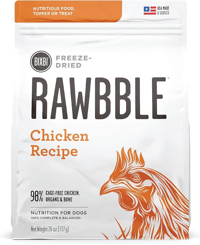 BIXBI Rawbble Freeze Dried Dog Food, Chicken Recipe, 26 oz - 98% Meat and Organs, No Fillers - Pantry-Friendly Raw Dog Food for Meal, Treat or Food Topper - USA Made in Small Batches