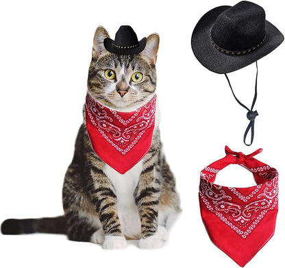 Dog Cowboy Hat Cat Cowboy Hat Mini Cowboy Hat for Dogs Cat Pet Cowboy Costume with Bandana Scarf Holiday Halloween Pet Party Decoration (black, Small)