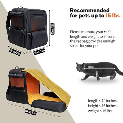 Tall & Expandable Cat Carrier Backpack - 14x10x16 Inches, Expands to 27 Inches, Pet Travel Carrier with Detachable & Washable Cushion, Black