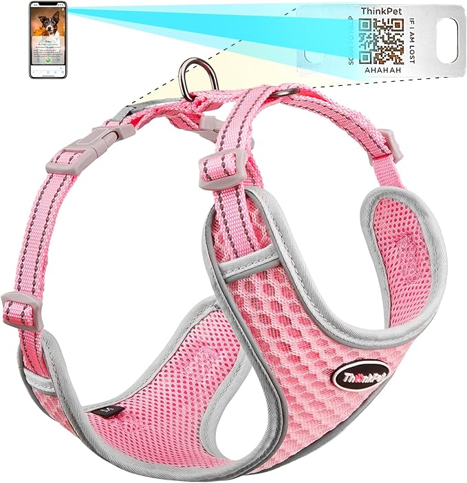 ThinkPet Reflective Breathable Soft Air Mesh with QR Code Dog Tag Puppy Choke Free Over Head Vest Harness for Puppy Small Medium Dogs and Cats Small Pink