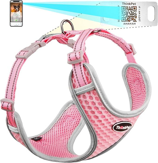 ThinkPet Reflective Breathable Soft Air Mesh with QR Code Dog Tag Puppy Choke Free Over Head Vest Harness for Puppy Small Medium Dogs and Cats Large Pink