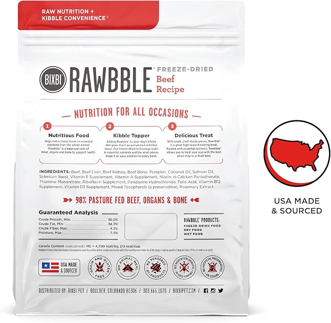 BIXBI Rawbble Freeze Dried Dog Food, Beef Recipe, 26 oz - 98% Meat and Organs, No Fillers - Pantry-Friendly Raw Dog Food for Meal, Treat or Food Topper - USA Made in Small Batches