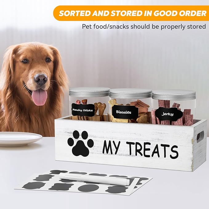 Dog Treat Container for Countertop - Dog Food Storage with 3 Jars - Pet Food Organizer For Puppy - Airtight White Wooden Dog Treat Storage With Lids - Great Gift for Pet Dog Owners