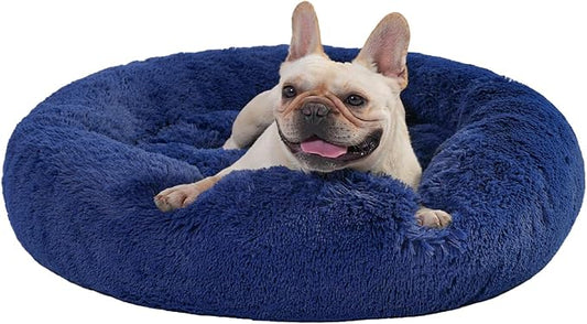 30" Calming Dog Bed with Removable Cover,Anti Anxiety Donut Dog Bed,Plush Round Pet Beds for Medium Dogs,Fluffy Faux Fur Dog Bed,Washable Cuddler Dog Bed(Dark Blue,Medium)