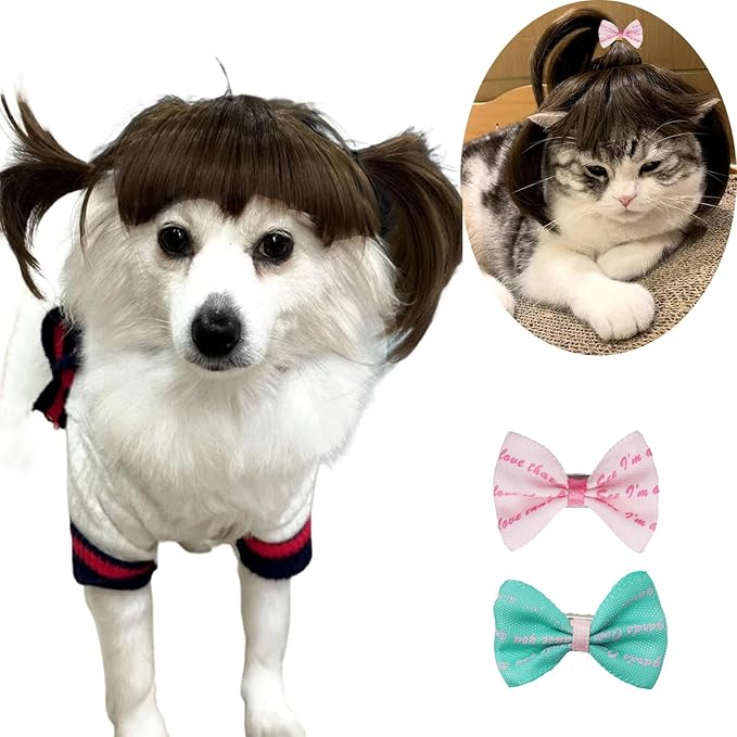 Funny Dog Wig Pet Costumes,Kediciz Cat Costume Synthetic Hairpiece Cosplay Wigs, Headwear for Halloween Christmas Festivals Party Decor, Fancy Dress,Adjustbale Size,Dark Black Brown Straight