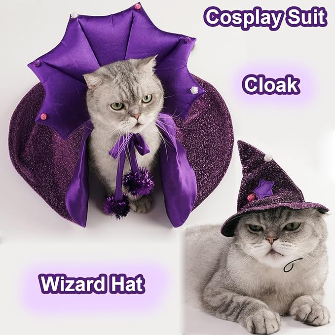 ABLAZEZAI Pet Halloween Costumes, Cat Vampire Cloak with Hat, Dog Cosplay Wizard Hat Cape Suit, Halloween Party Clothes Outfit for Small Medium Large Cats Dogs