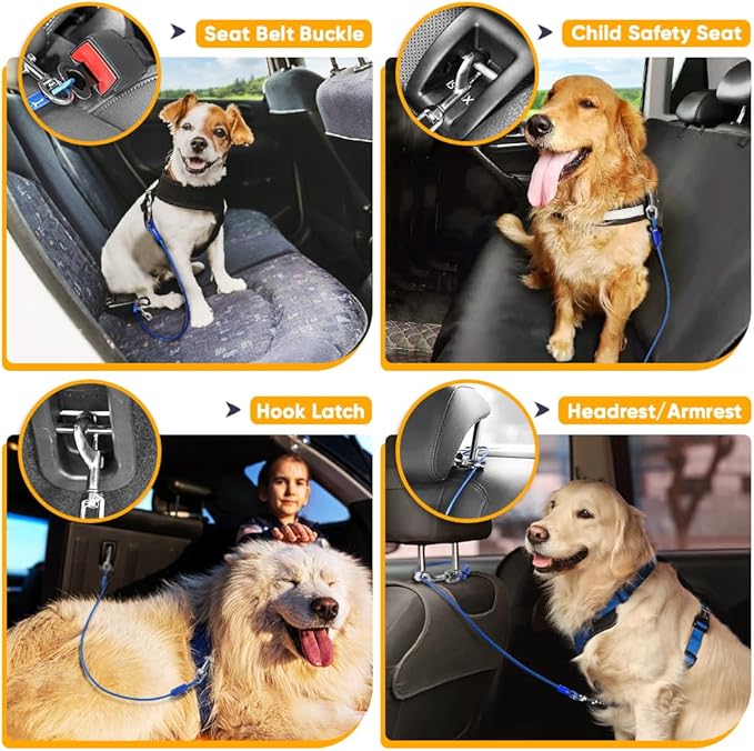 Petbobi Dog Seat Belt for Car - Chew Proof Durable Dog Seatbelt Tether for Small Medium Large Dogs - Metal Vehicle Harness Restraint with Double Clips and Latch - Dog Car Leash for Safety Travel