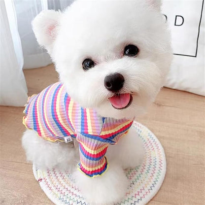 Small Medium Dog Clothes Rainbow Striped Dog Shirts Stretchable Long Sleeve Cat T-Shirt Pet Outfits for Chihuahua Yorkie Teddy (Yellow Edge