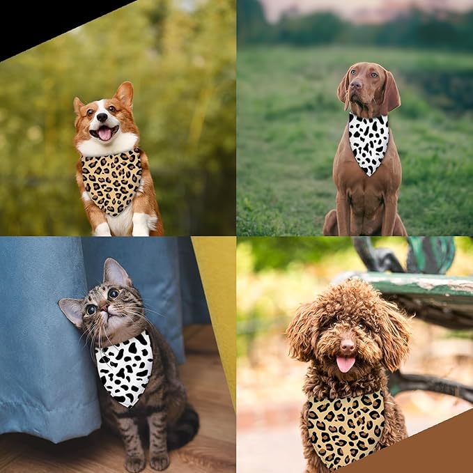 Cow Spots and Leopard Prints Dog Bandana Washable Pets Scarf Triangle Adjustable Handkerchief 2 Sides