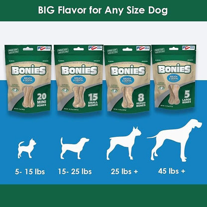 Bonies Natural Breath and Dental Formula Medium-Sized Single Bone - All-Natural Ingredients, Fresh Breath, Cleans Teeth, Low Calories, Chicken Flavor, [Medium Dogs], 8 Bones