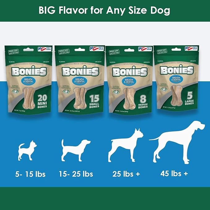 Bonies Natural Breath and Dental Formula Medium-Sized Single Bone - All-Natural Ingredients, Fresh Breath, Cleans Teeth, Low Calories, Chicken Flavor, [Medium Dogs], 90 Bones