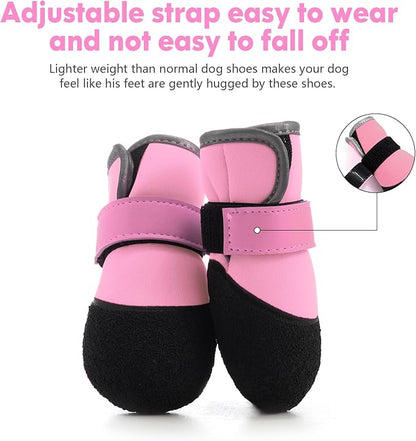 Dog Shoes, Outdoor Dog Boots Non-Slip Waterproof Dog Booties for Medium to Large Dogs 4Pcs for Winter Snowy Day, Summer Hot Pavement with Rugged Sole Pink